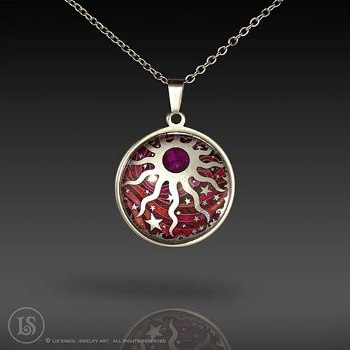 Celestial Sun Magenta Pendant, Glass, Stainless Steel